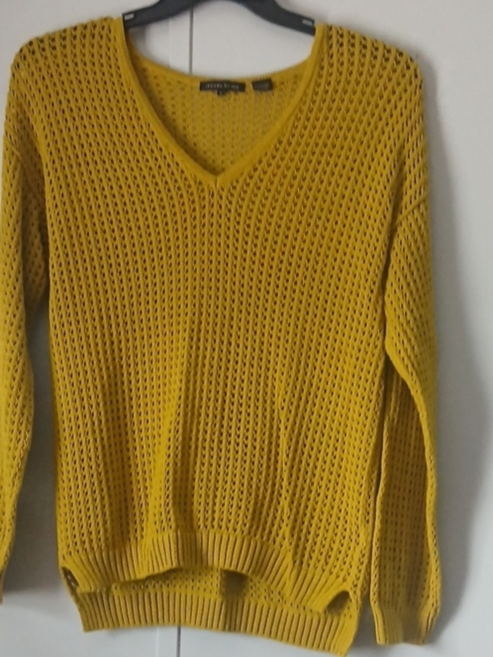 JEANNE PIERRE Mustard Yellow V-Neck Open-Knit Sweater